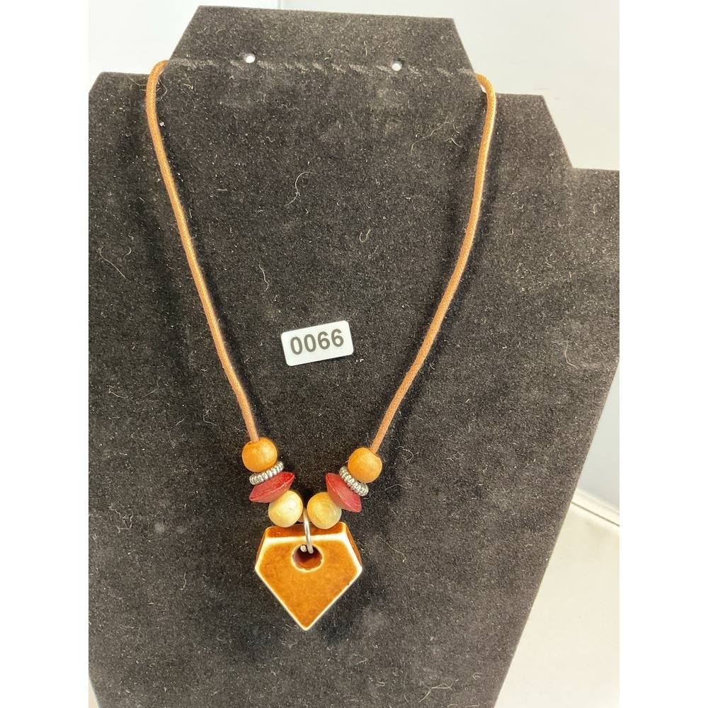 Boho Ceramic Geometric Pendant Necklace Wood Bead Tan Cord Earthy Jewelry 0066